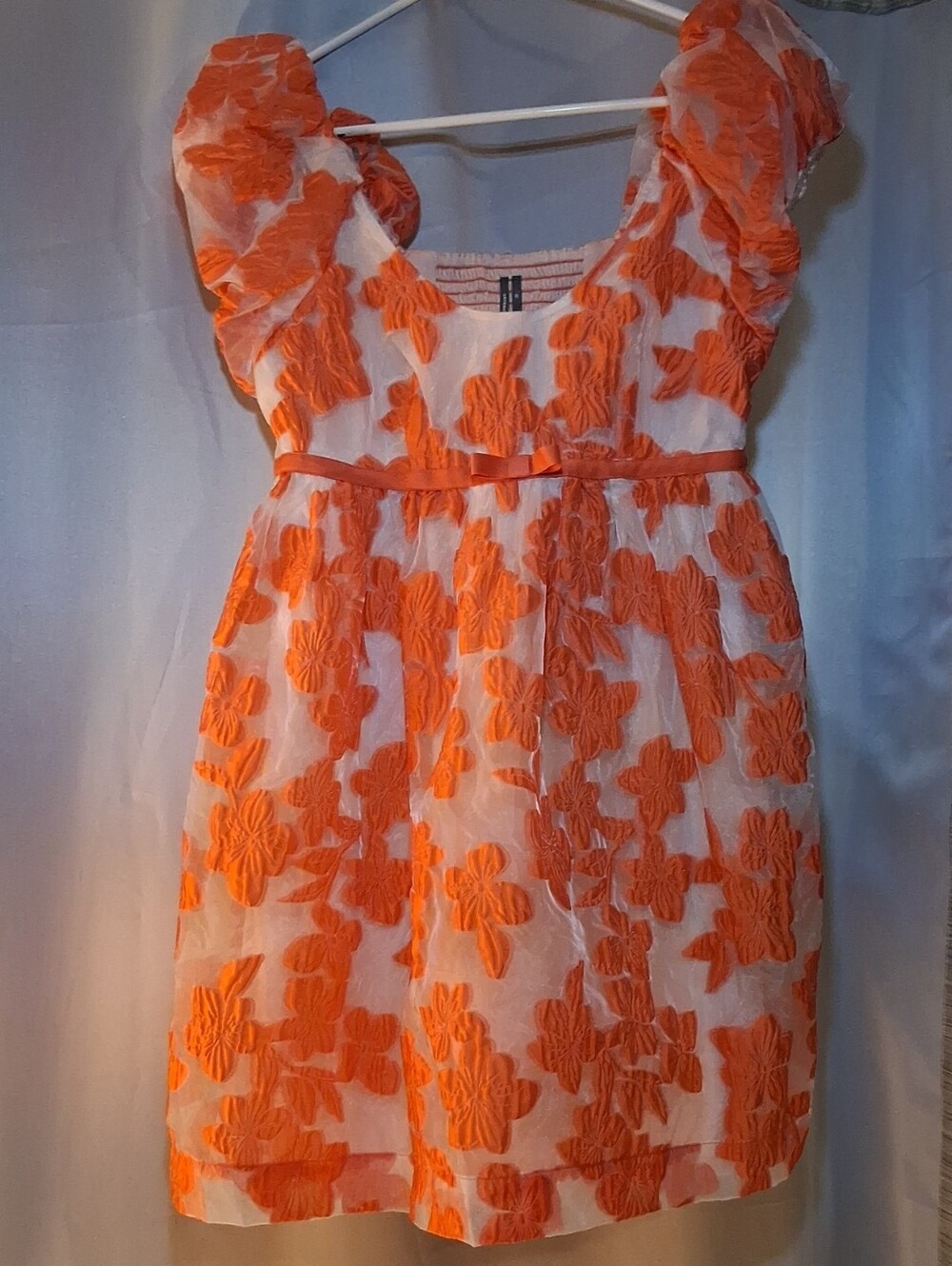 Anthropologie Orange and White Floral Puff-Sleeve Dress